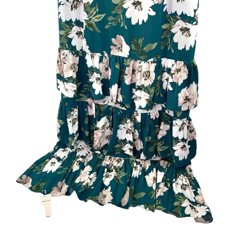 NWT Abercrombie Drama Ruffle Floral Tiered Maxi Dress in Teal